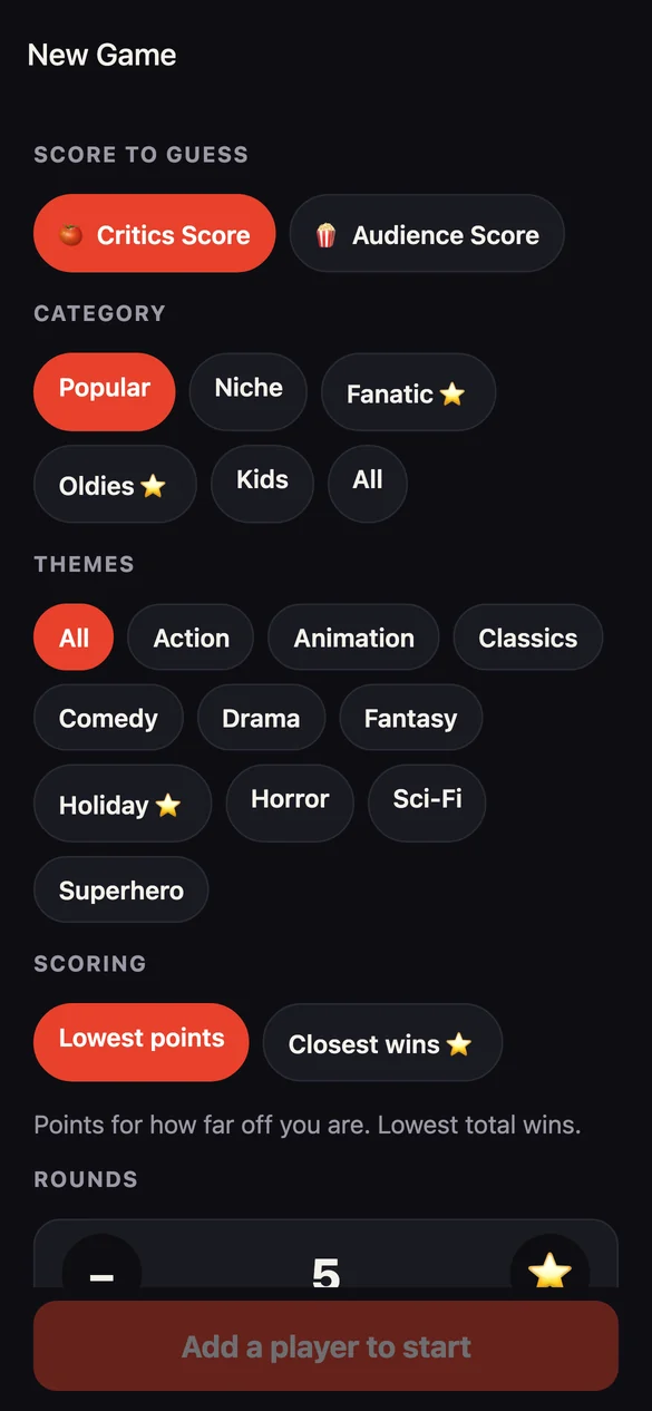 Game setup: score type, category, themes and rounds
